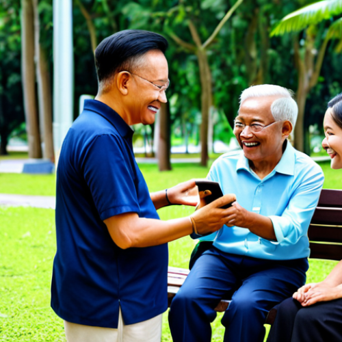 Home 4 A diverse group of Malaysian neighbours of various ages, including a younger woman attentively guiding an elderly man on a smartphone, gathered cheerfully in a well-maintained community park. They are fully clothed in modest, appropriate attire, engaged in conversation and looking at a digital device, symbolizing community connection and information sharing. The setting is bright daylight, with modern park benches and a community notice board in the background. professional photography, high quality, vibrant colors, clear focus, safe for work, appropriate content, fully clothed, family-friendly, perfect anatomy, correct proportions, natural pose, well-formed hands, proper finger count, natural body proportions.